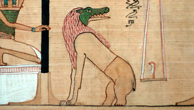 Hunefer's Book of the Dead, detail of Ammit Hunefer's Judgement in the presence of Osiris, Book of the Dead, 19th Dynasty, New Kingdom, c. 1275 B.C.E., papyrus, Thebes, Egypt (British Museum)